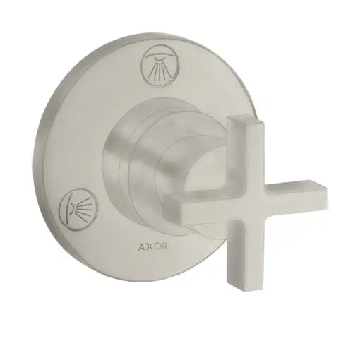 Edelstahl Optik Unterputzventil mit Kreuzgriff, gekennzeichnet mit Symbolen für Wasserabfluss und Umstellung, Marke AXOR.